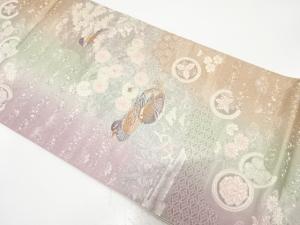 鴛鴦に草花・箔散らし模様織り出し　袋帯
